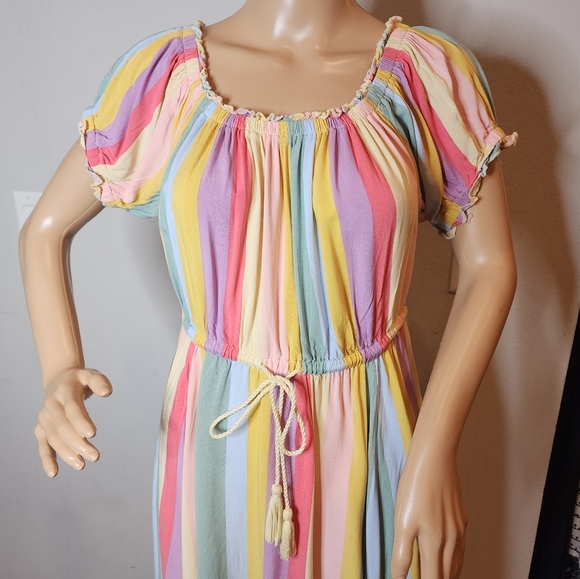 Torrid Midi Challis Off-Shoulder Dress Rainbow Stripe Stretch Size 0 Lrg pockets - Picture 5 of 16